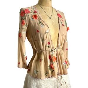 Odille Silk Embroidered Fairycore Blouse Peplum Boho Size S